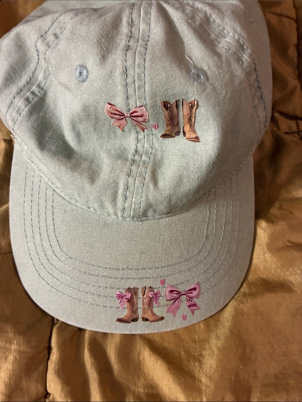 Light Blue Cap with Pink Bows and Cowboy Boot Graphics